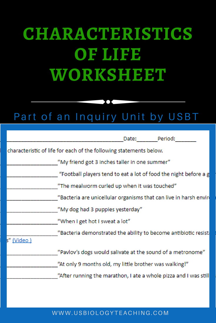 Characteristics Of Life Worksheet